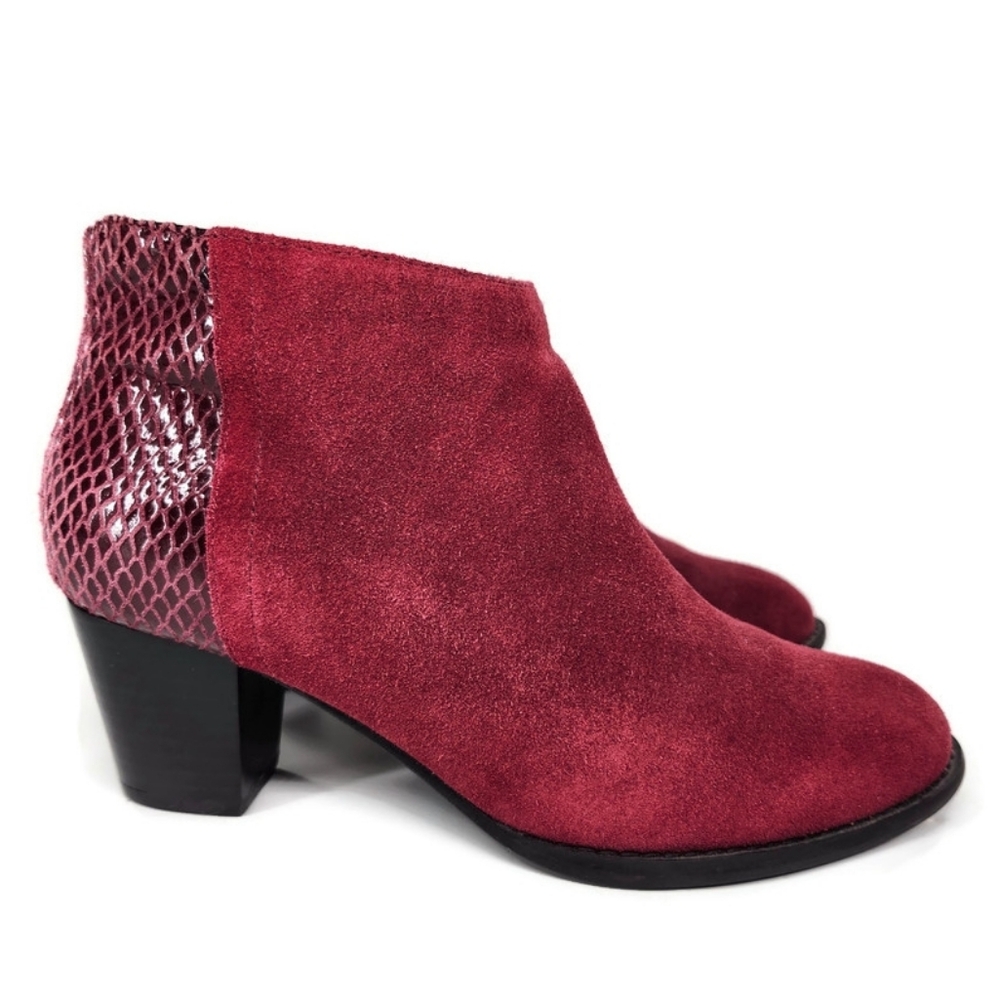 Vionic Bromley Cabernet Red Suede & Textured Snake Print Block Heel Ankle Boots - Picture 4 of 13